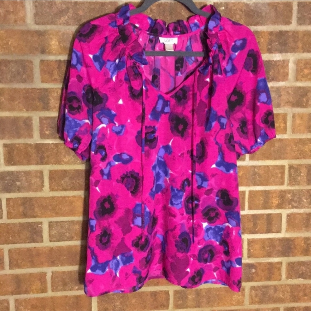 LOFT Bright Watercolor Floral Ruffle Neck  Blouse